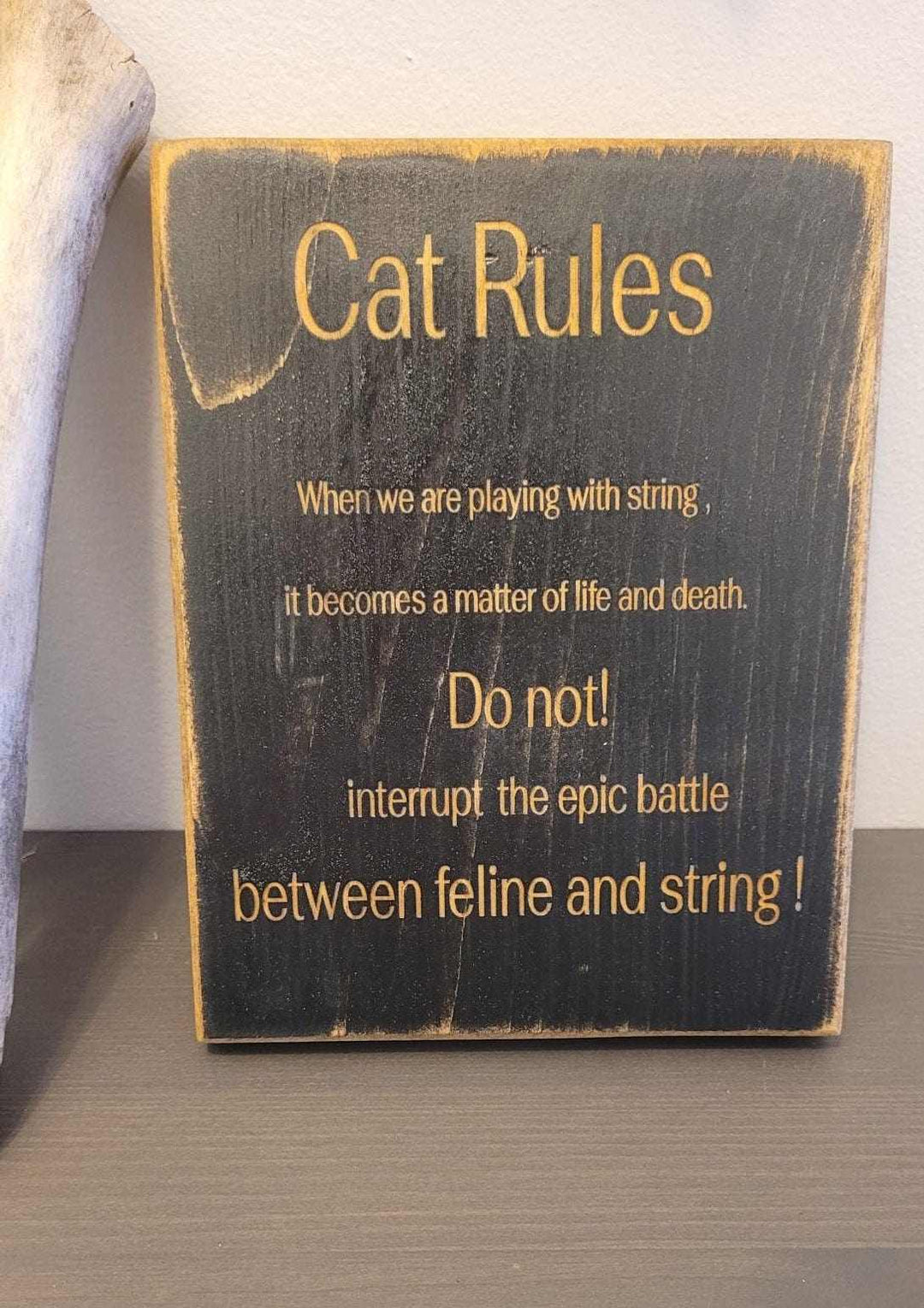 Cat-themed laser engraved wall art with "Cat Rules" text and playful design for feline lovers.
