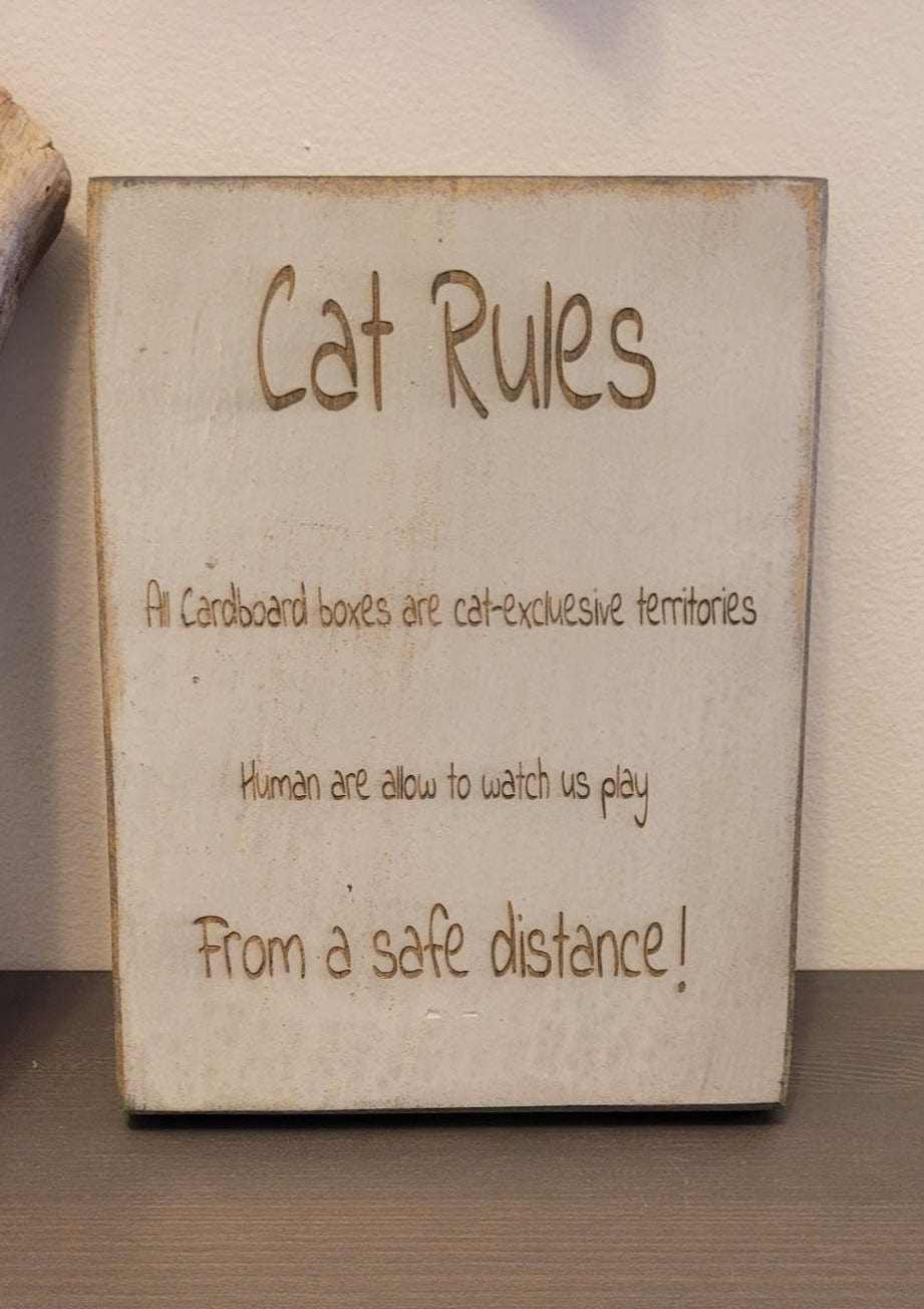 Cat Lovers Laser Engraved Wall Art featuring playful feline-themed "Cat Rules" design.