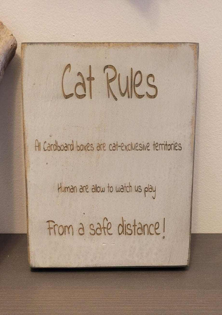 Cat Lovers Laser Engraved Wall Art featuring playful feline-themed "Cat Rules" design.