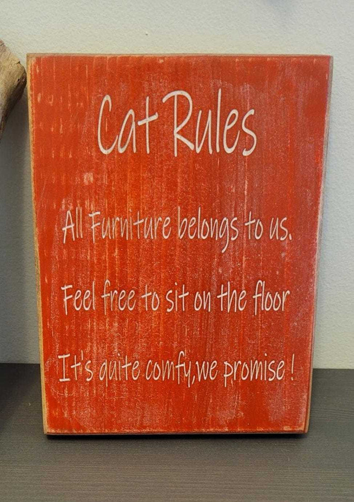 Cat-themed laser engraved wall art with humorous "Cat Rules" text, perfect for feline decor.