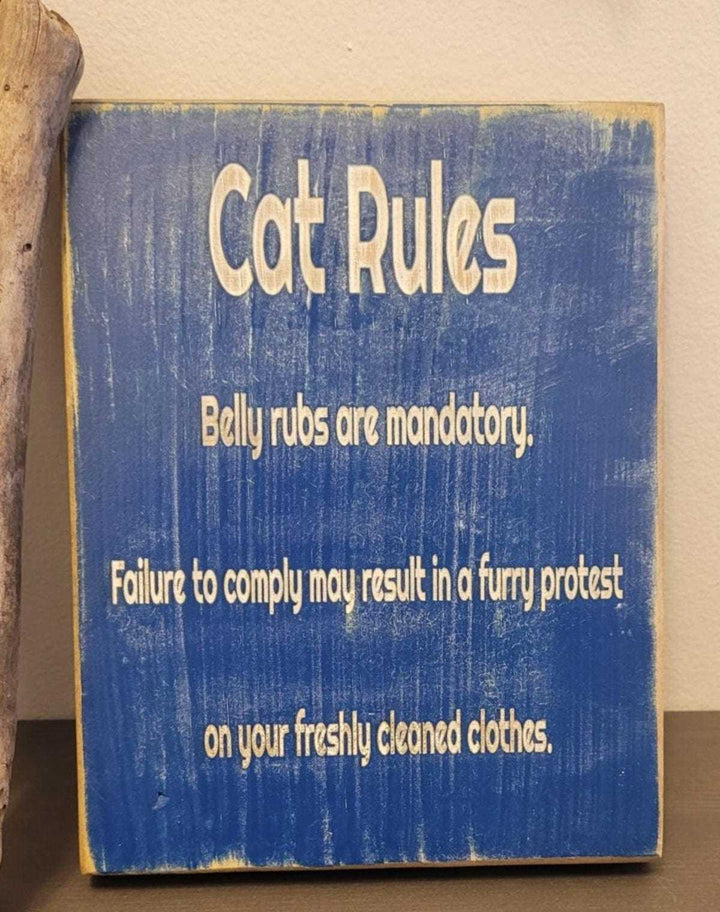 Cat Lovers Laser Engraved Wall Art with humorous cat-themed design, “Cat Rules” text on blue background.