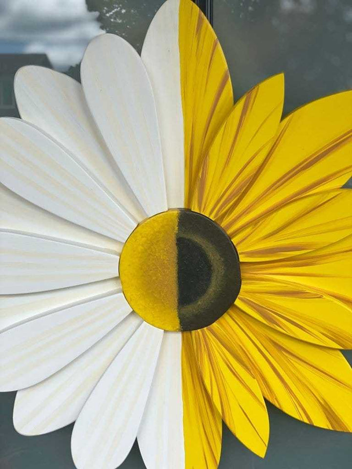 Sunflower and daisy fusion floral art, handmade and hand-painted with vibrant colors, 23 inches in diameter.