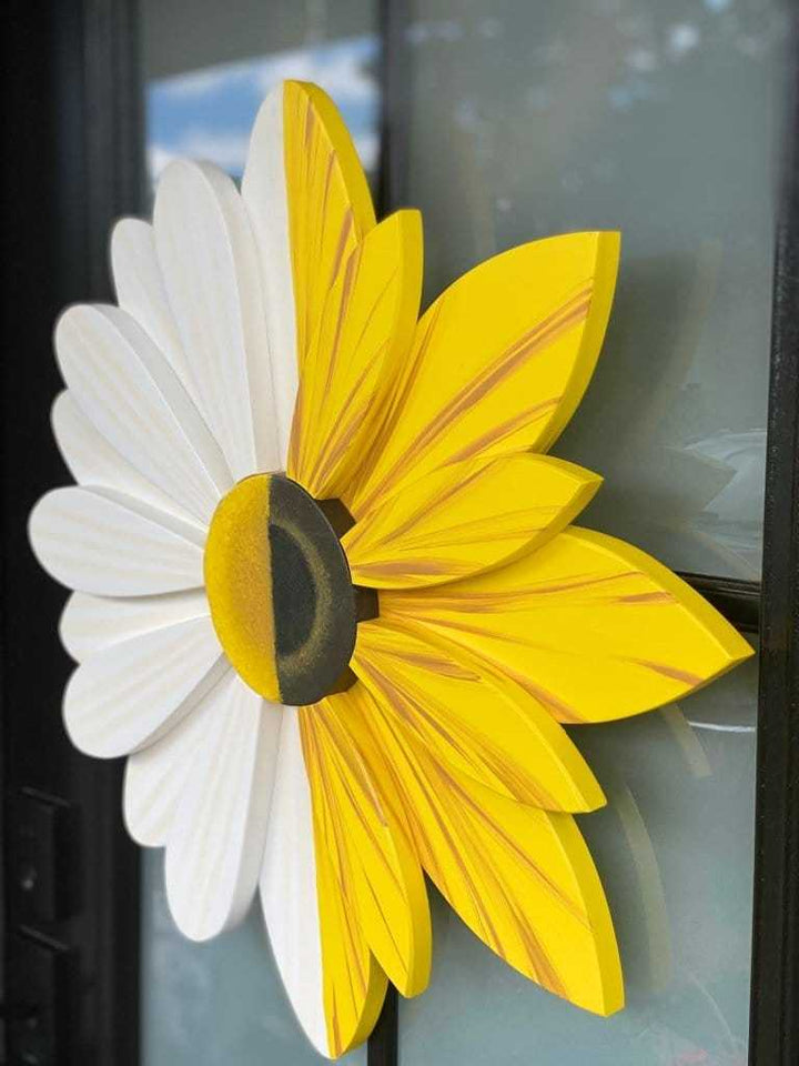 Sunflower and daisy fusion wall decor, handmade and hand-painted for home or events.