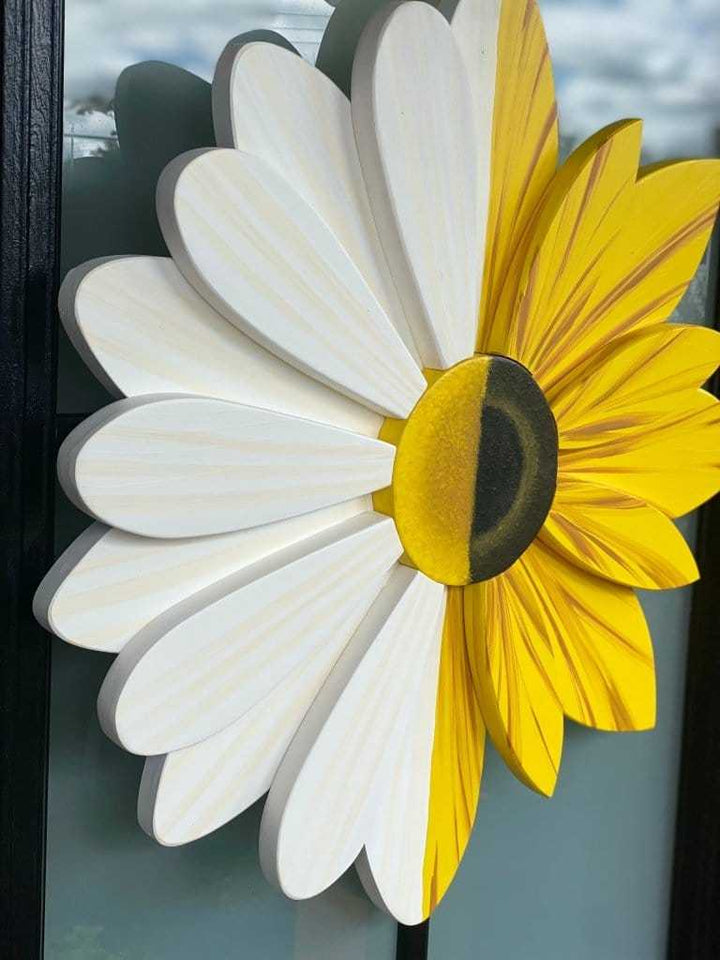 Sunflower and Daisy Fusion floral masterpiece with hand-painted details, 23-inch diameter.