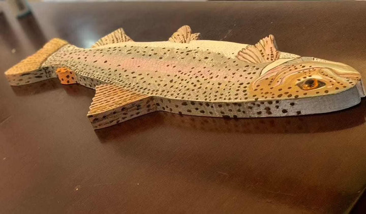 Hand-painted wooden rainbow trout wall art on pine, vibrant and realistic design.