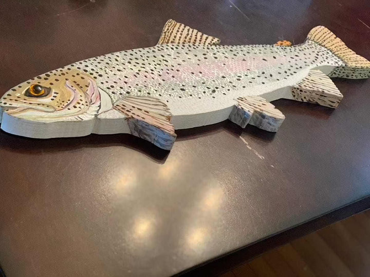 Hand-painted wooden rainbow trout wall art on pine wood.