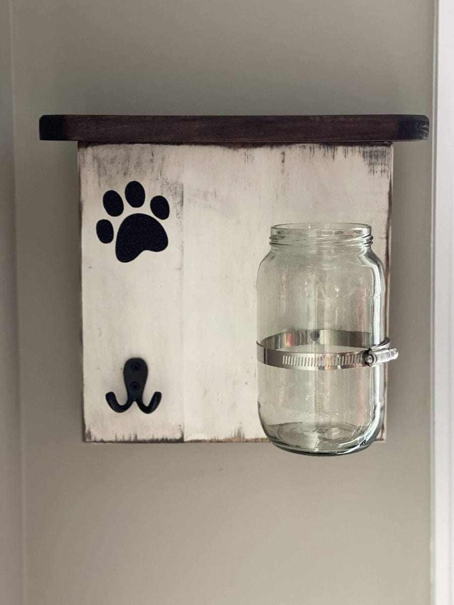 Handmade dog treat and leash holder with swivel jar and antique hook.