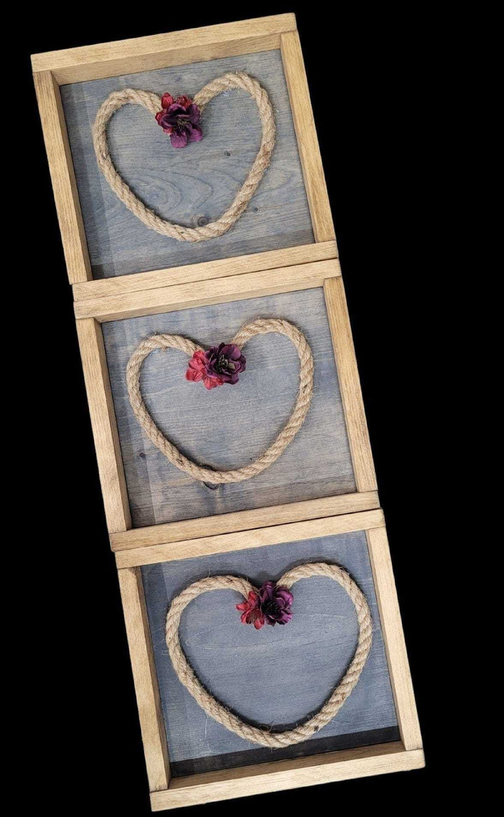 Rustic love heart wall art with flower accents, handcrafted by Atlantic Wood N Wares, set of three.