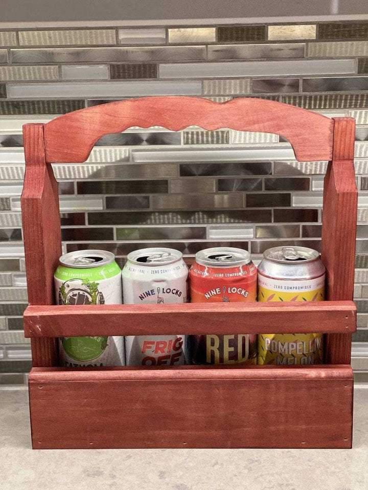Rustic Beer Caddy holding four cans, handcrafted from solid pine wood.