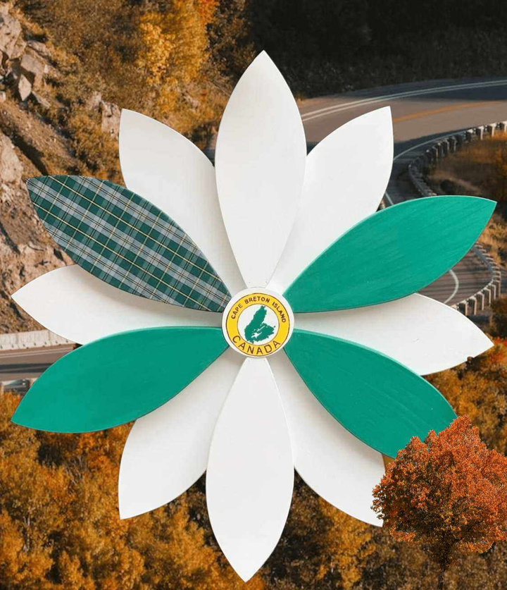 Wooden flower art door decoration with Cape Breton Tartan design, featuring hand-painted, water-resistant petals.