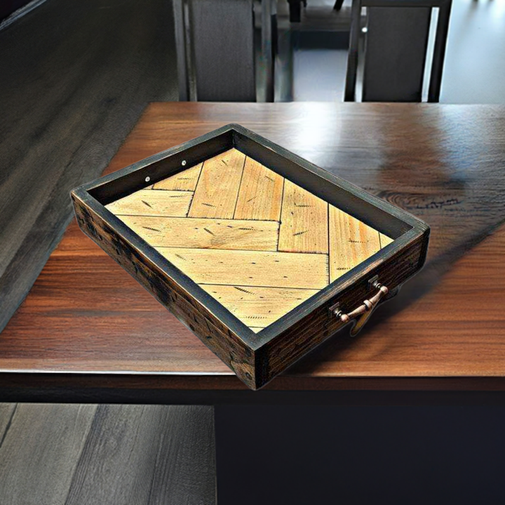 Antiqued Herringbone Wood Tray with Feet Rustic Home Decor