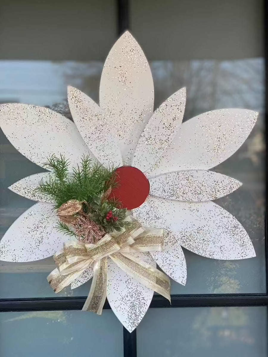 Christmas wooden flower door decoration with handmade petals, red center, and festive greenery.