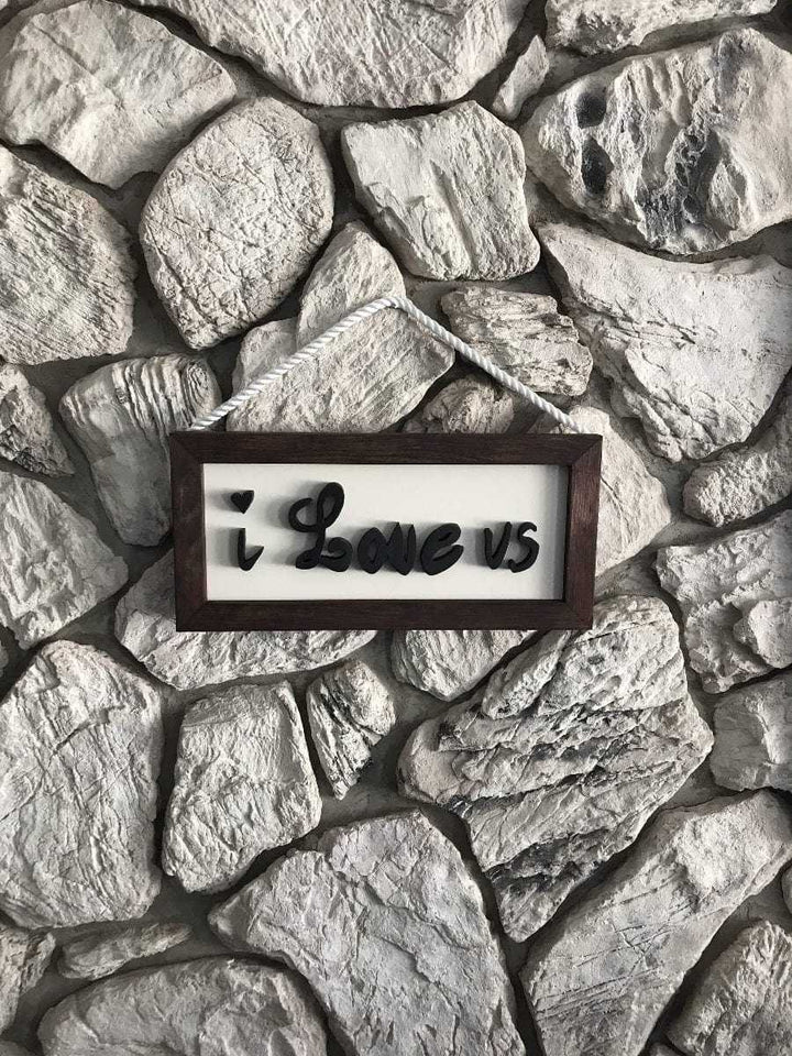 Artisan-crafted wooden sign with "I Love Us" text in a wooden frame, handcrafted with pine, painted for durability, 24 x 11.5 inches, Nova Scotia.