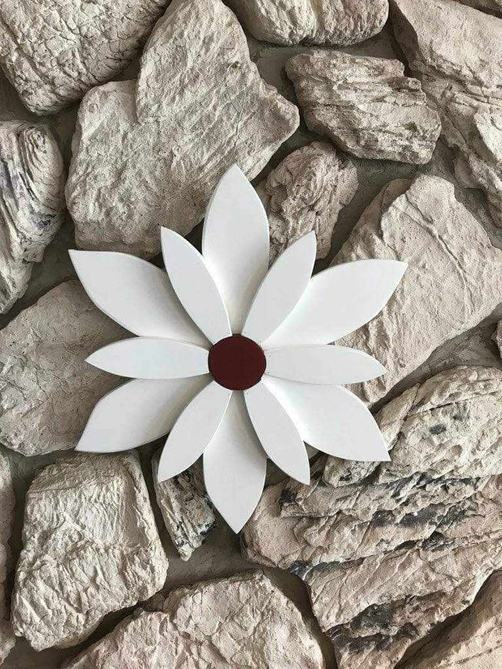 Handcrafted wooden flower in white with burgundy accent, ideal for indoor and outdoor decor.