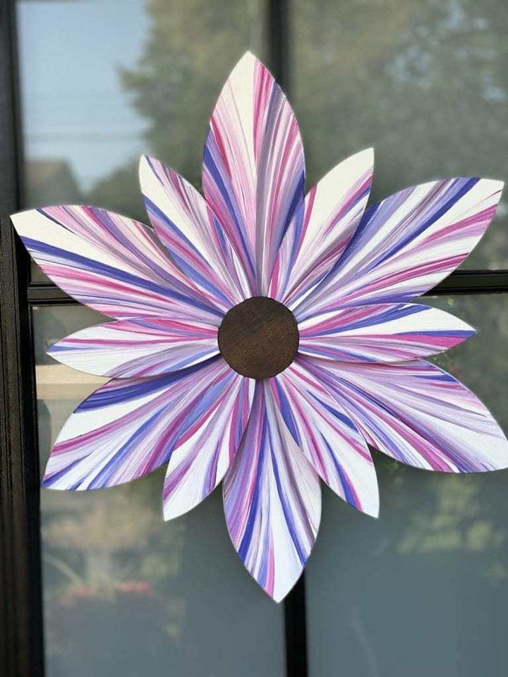 Wood flower door decor with cotton candy design, handcrafted from pine, painted with durable Benjamin Moore Aura paints, adding charm to your home's entrance.