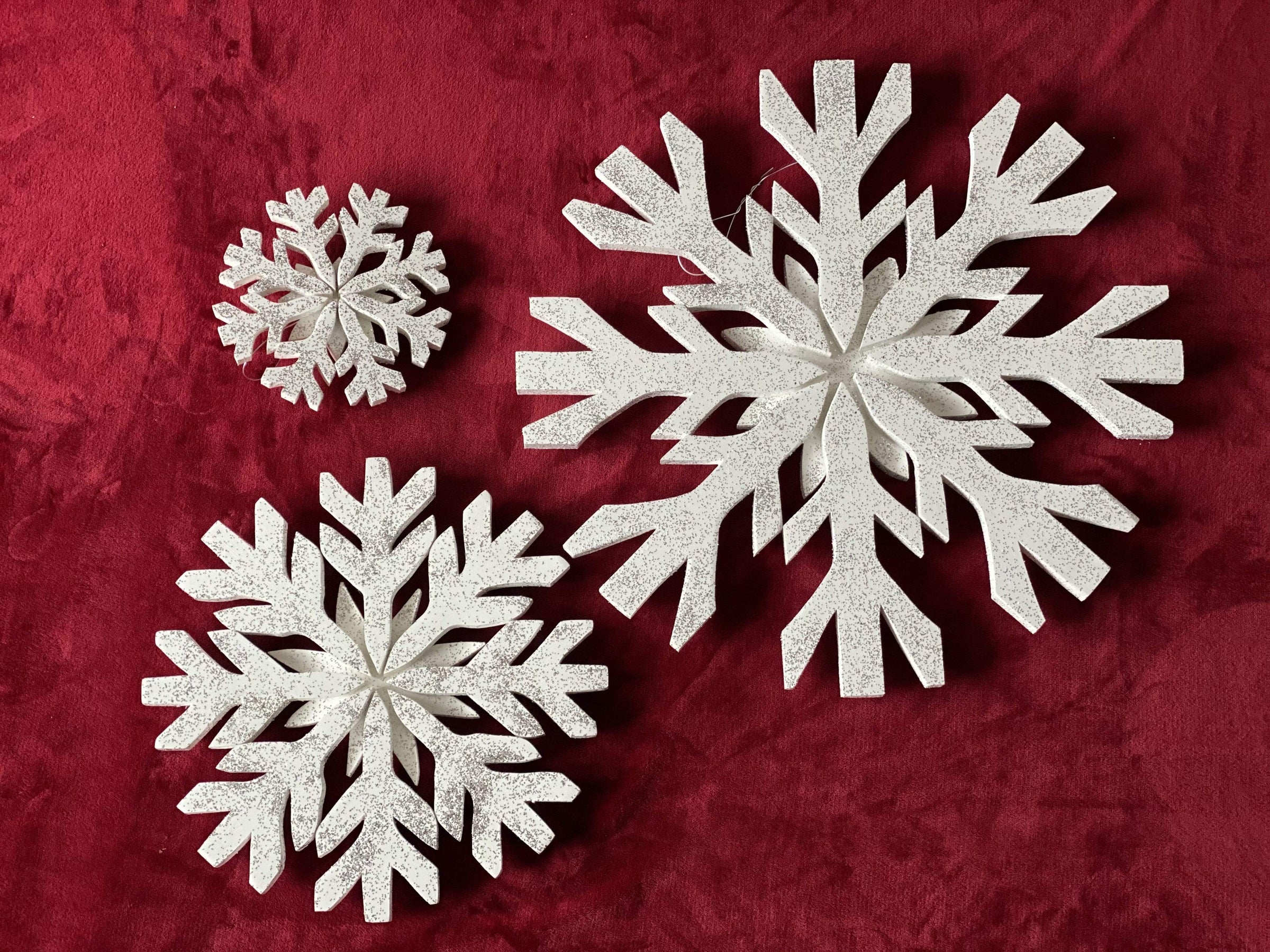 "Handcrafted wooden glitter snowflakes Christmas ornaments 3 sizes Dartmouth Nova Scotia"