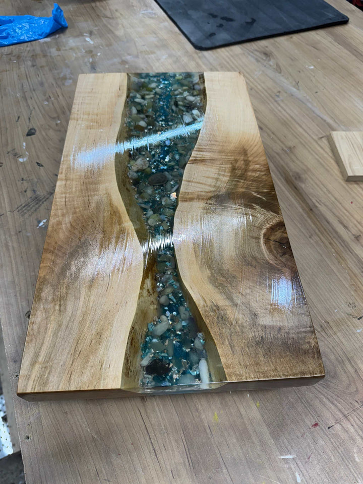 Maple Epoxy Resin Serving Tray with vibrant blue epoxy infusion and unique wood grain, handcrafted in Canada.