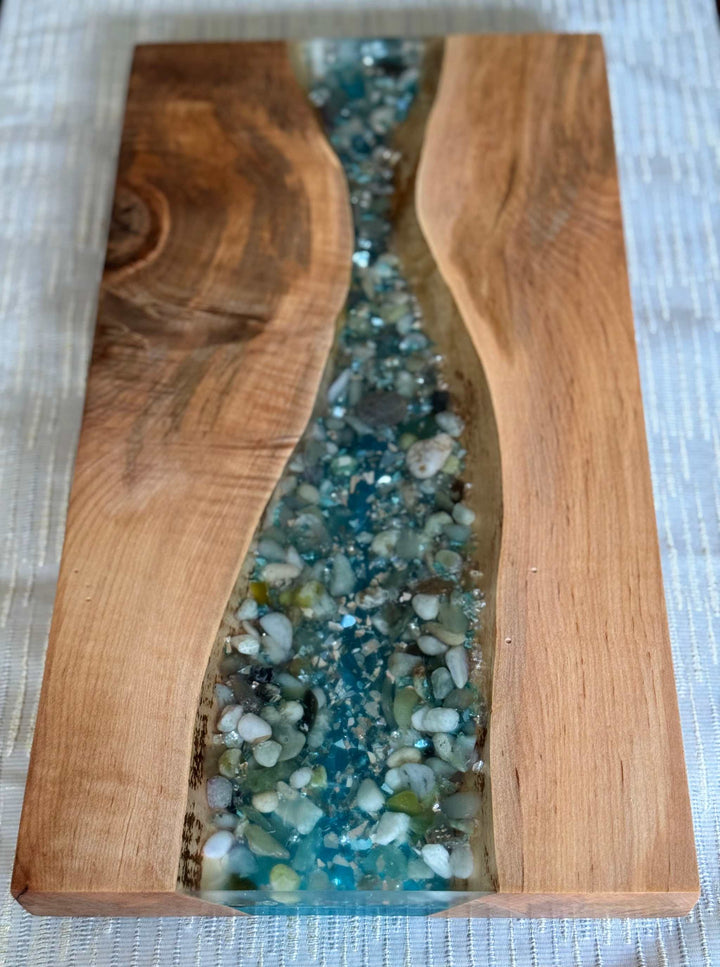 Maple epoxy resin serving tray with vibrant color infusion and stones, handcrafted in Canada.