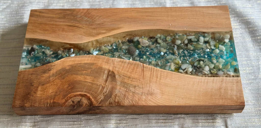 Maple epoxy resin serving tray with vibrant stone-infused design, handcrafted in Canada.