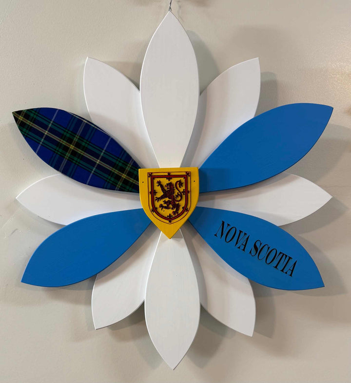 Nova Scotia Wood flower with tartan and laser engraved coat of arms and lettering 