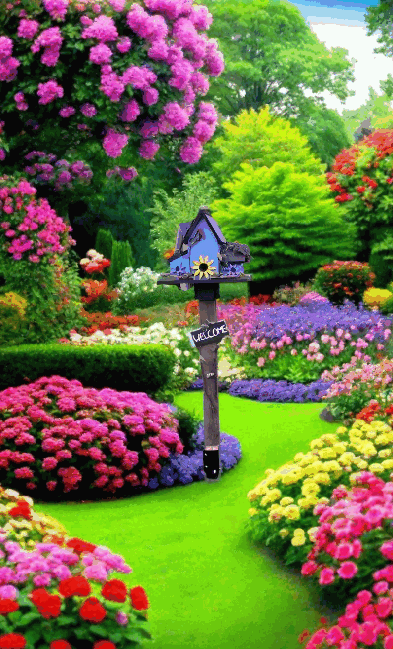 Colorful garden with a charming birdhouse on a pole surrounded by vibrant flowers.