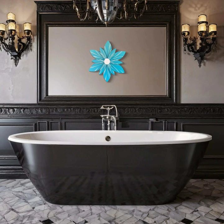 Handcrafted Curled Top Petal Flower in Sky of the Bahamas color, unique wall decor above a modern black bathtub.