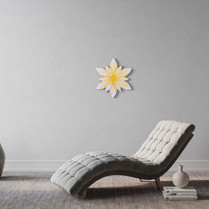 Handcrafted curled top petal flower wall decor in a minimalist living room setting.