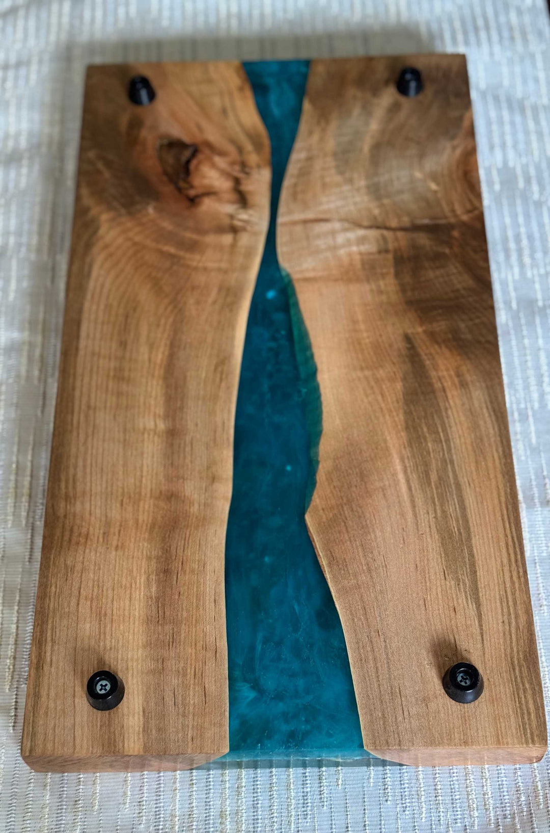 Maple epoxy resin serving tray with vibrant blue epoxy infusion, handcrafted in Canada from exquisite Maple wood.