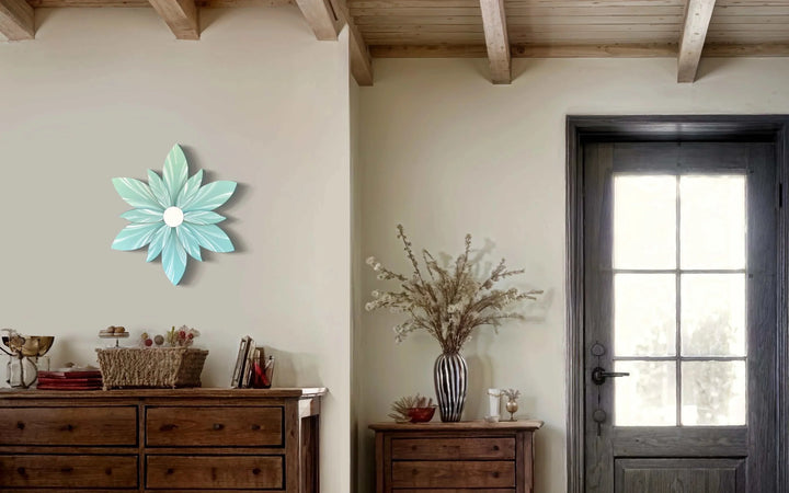 Handcrafted curled top petal flower decor in a rustic room.