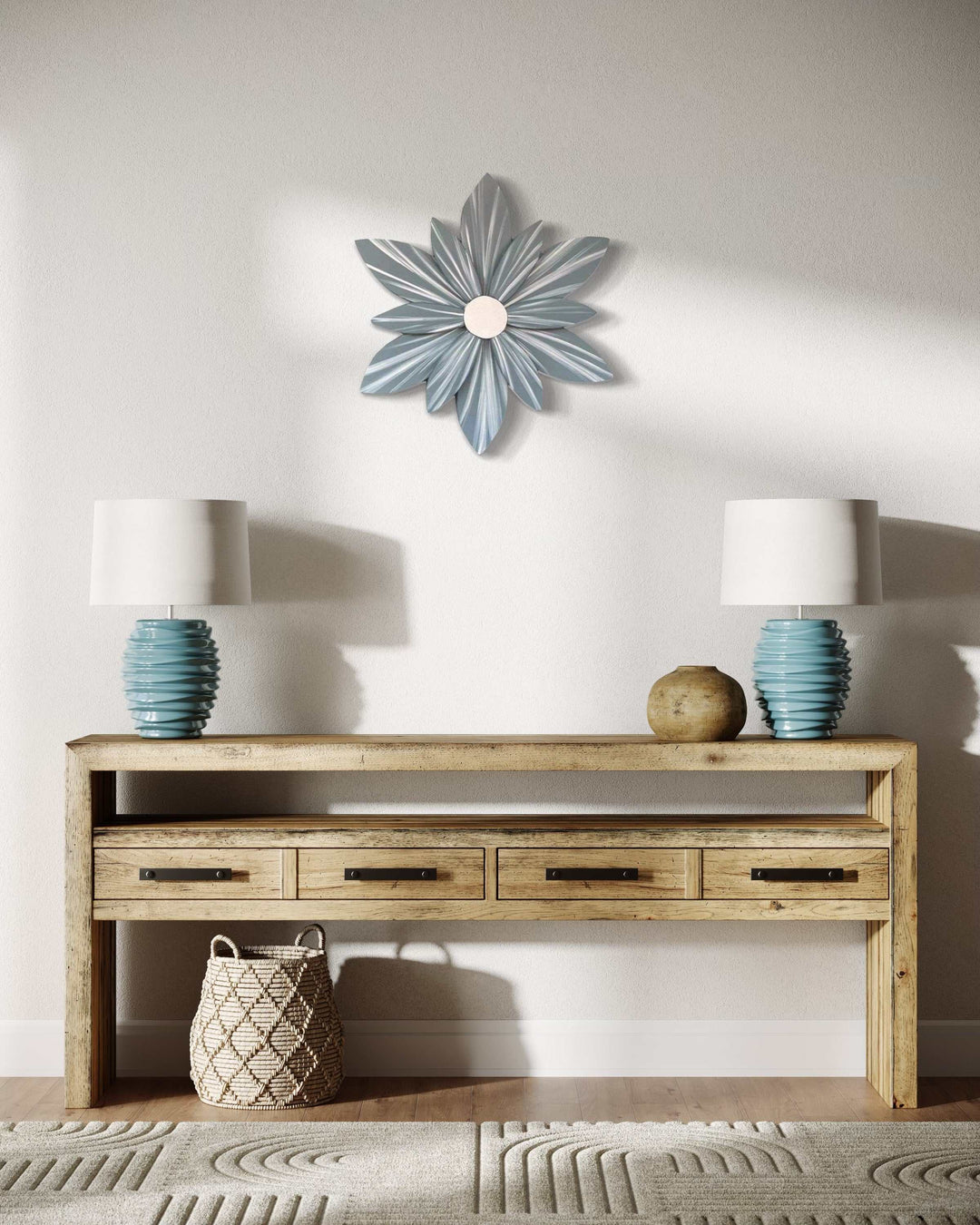 Sophisticated Glam wooden flower art on wall above wooden console table, adding elegance to the room.