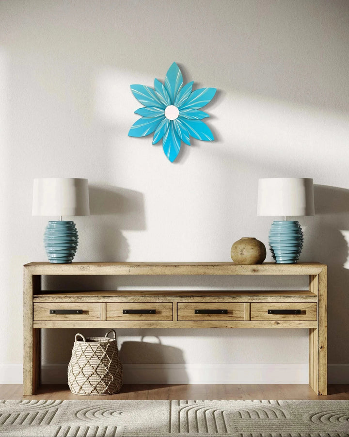 Handcrafted curled top petal flower wall decor in vibrant blue, enhancing a modern home interior setting.