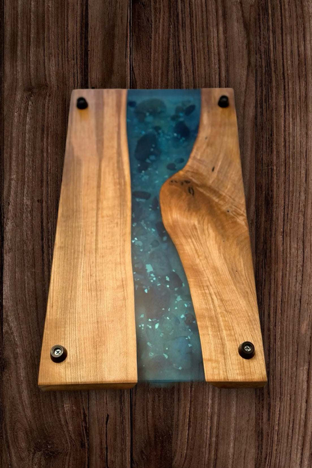 Maple Epoxy Resin Serving Tray with vibrant blue epoxy and natural wood grain, handcrafted in Canada.