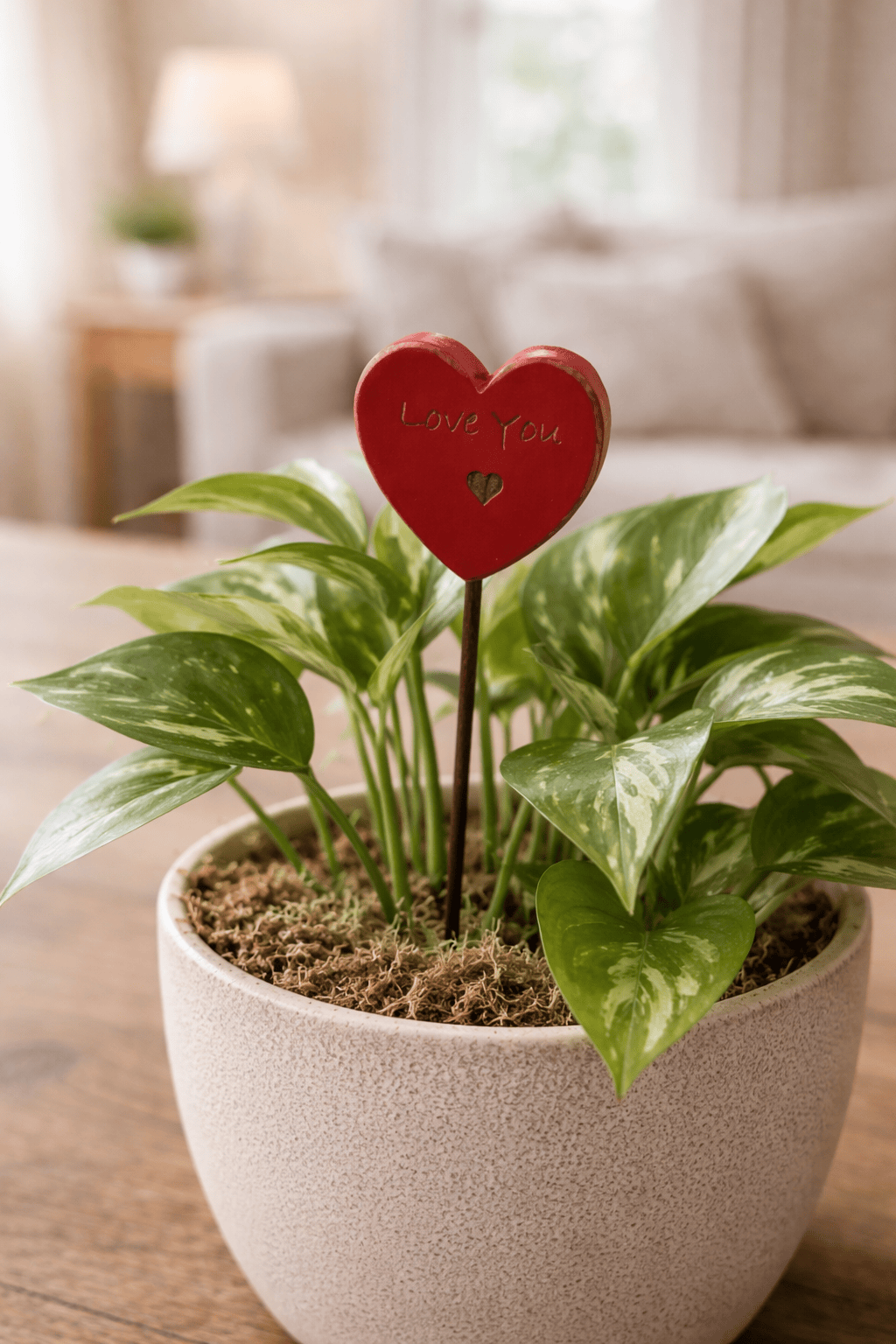 Potted plant with a heart-shaped decorative item on a wooden surface