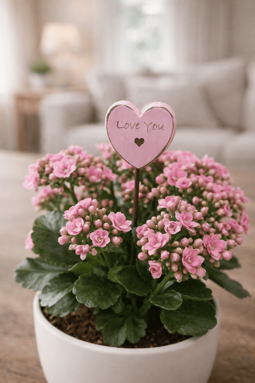 Potted pink flowering plant with a heart-shaped sign in a living room setting