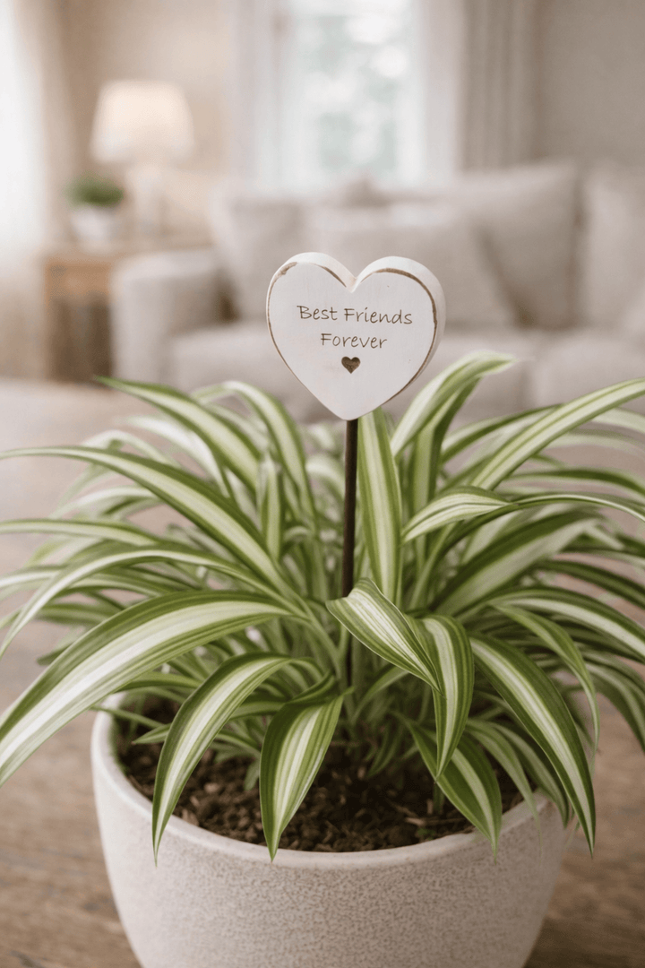 Potted plant with a heart-shaped sign in a living room
