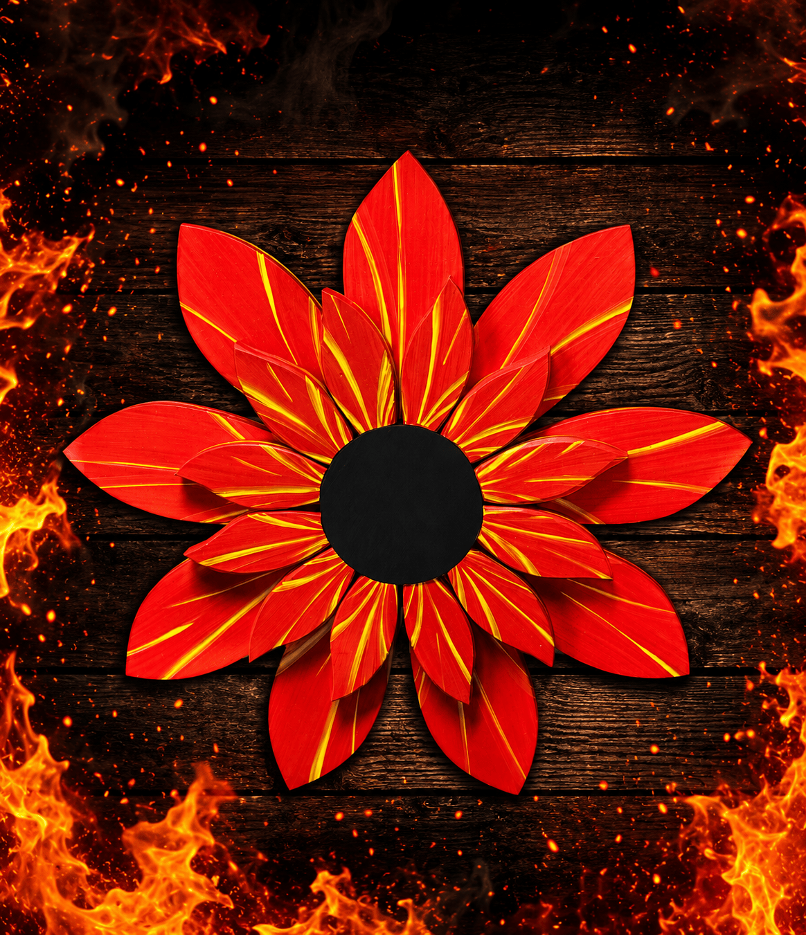 Red flower-like design with yellow accents on a dark background with flames