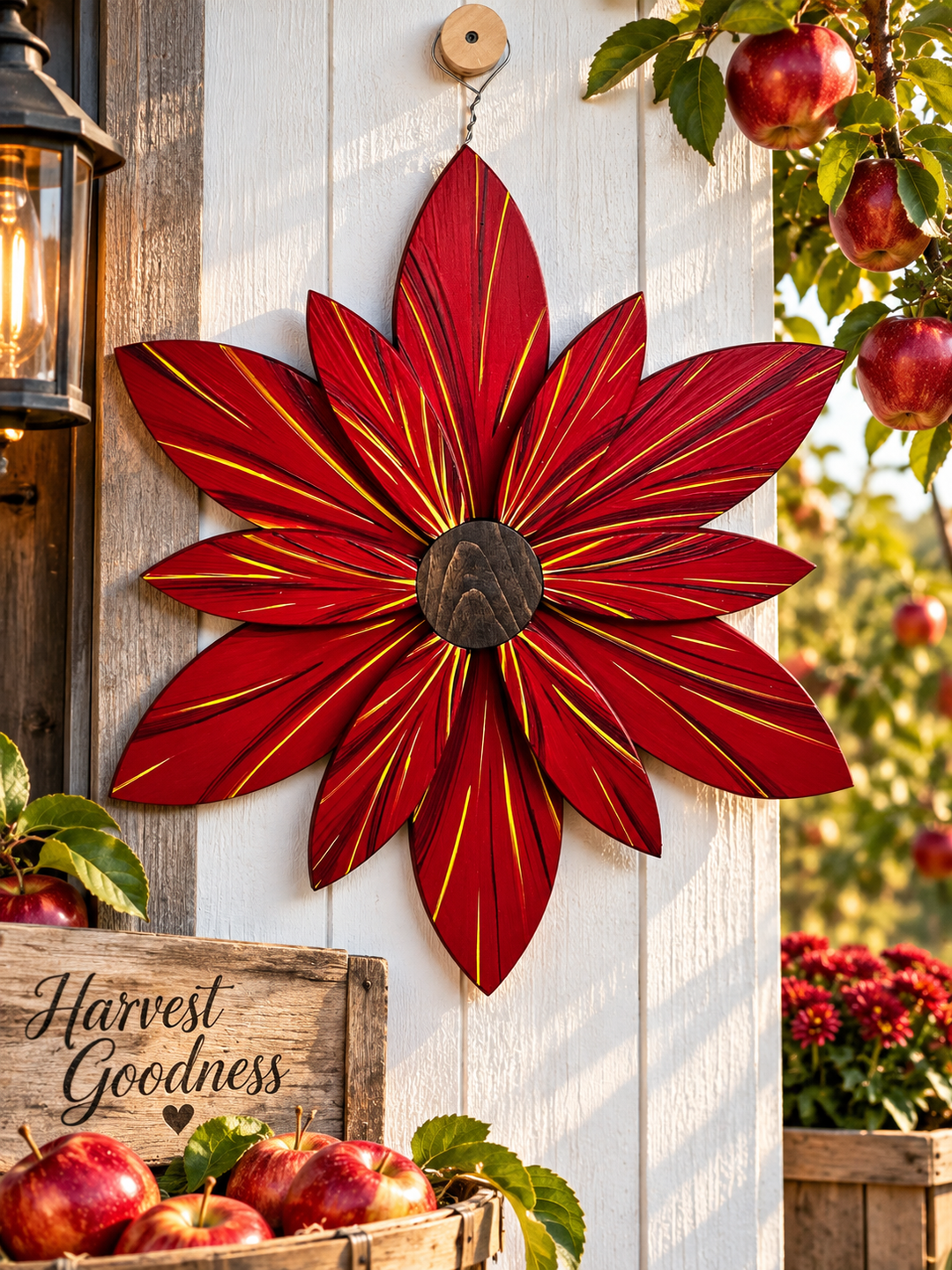 A large red flower-shaped outdoor wall hanging with yellow streaks and a dark center, displayed on a white wooden fence in an apple orchard setting with apples and a lantern visible.