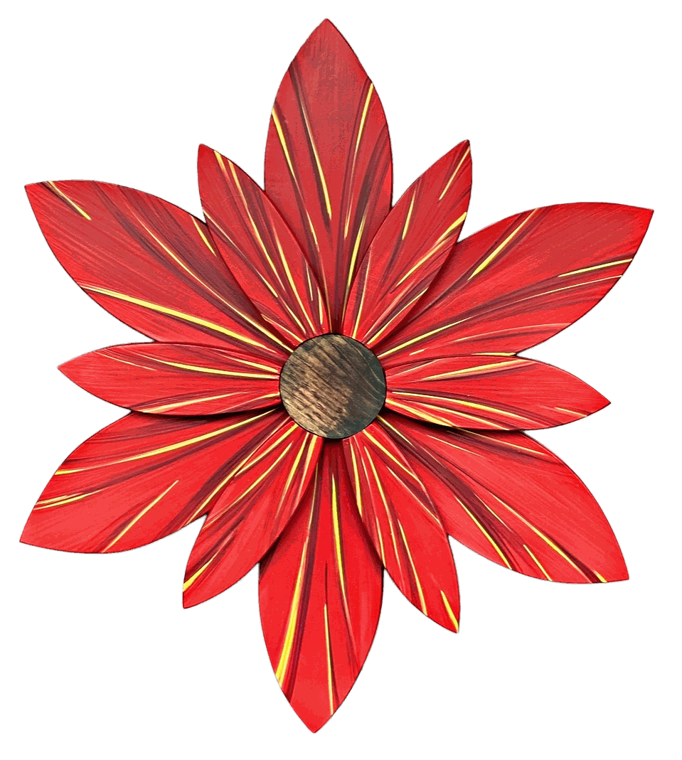 Wooden red and gold flower door decoration made from pine wood.