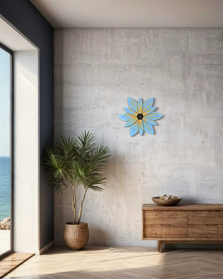 Handcrafted pine wood flower wall art with ocean-inspired design, 22 inches, made in Nova Scotia.