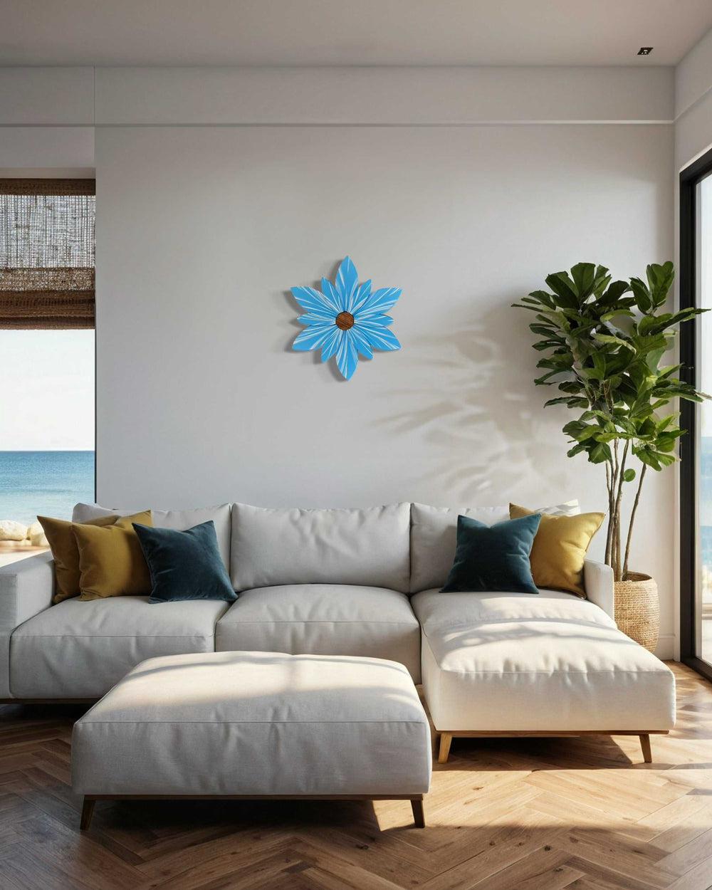 Handcrafted Bahama Sea Ocean Spray Wood Flower decor hanging on an interior wall.