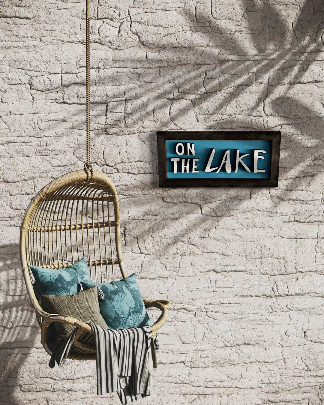 Artisan-crafted wooden sign with hand-drawn letters, reading "On The Lake," suitable for indoor or outdoor decor.