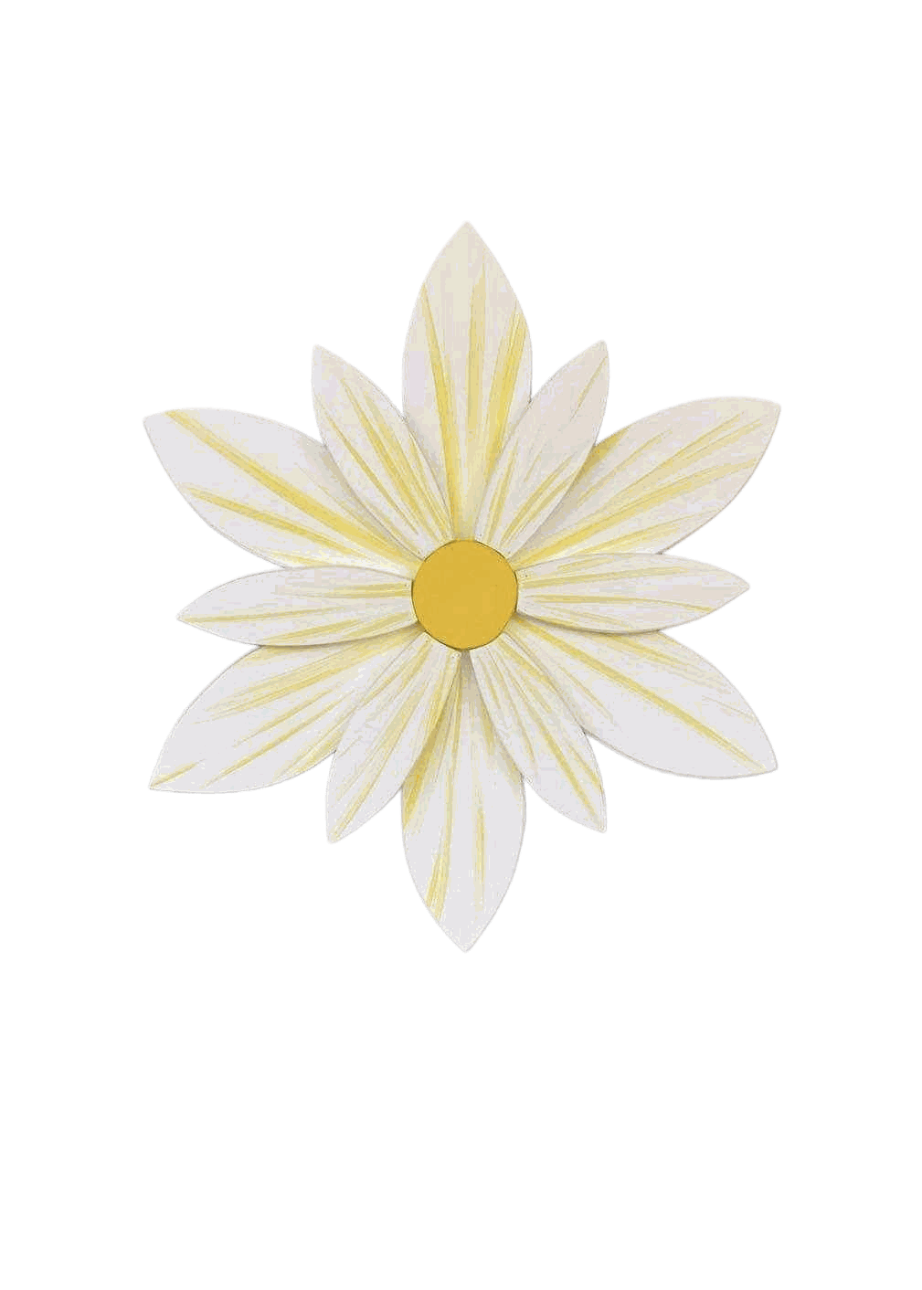 Handcrafted sunburst flower wood art with white and yellow petals.