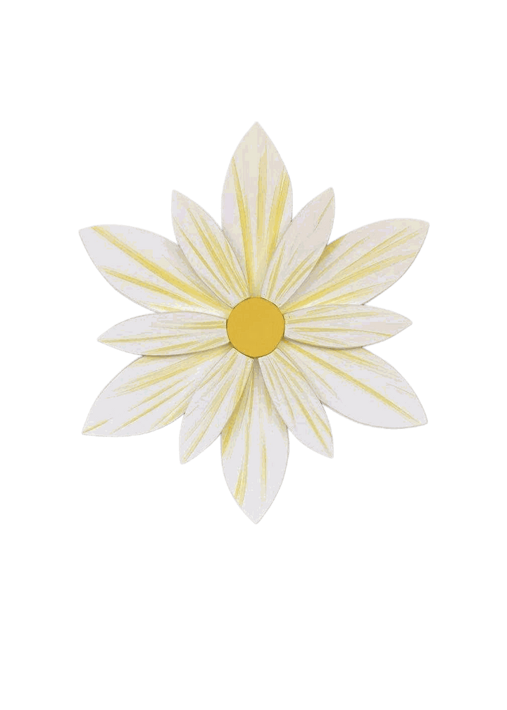 Handcrafted sunburst flower wood art with white and yellow petals.