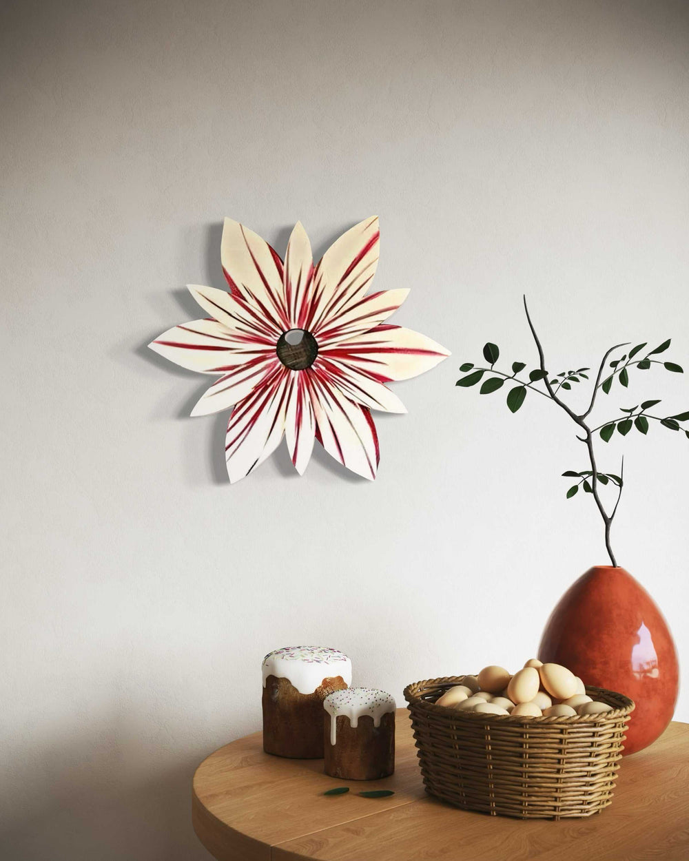 Candy Stripe wood flower door decoration in candy cane colors, hand-painted pine with Benjamin Moore Aura paint for durability.