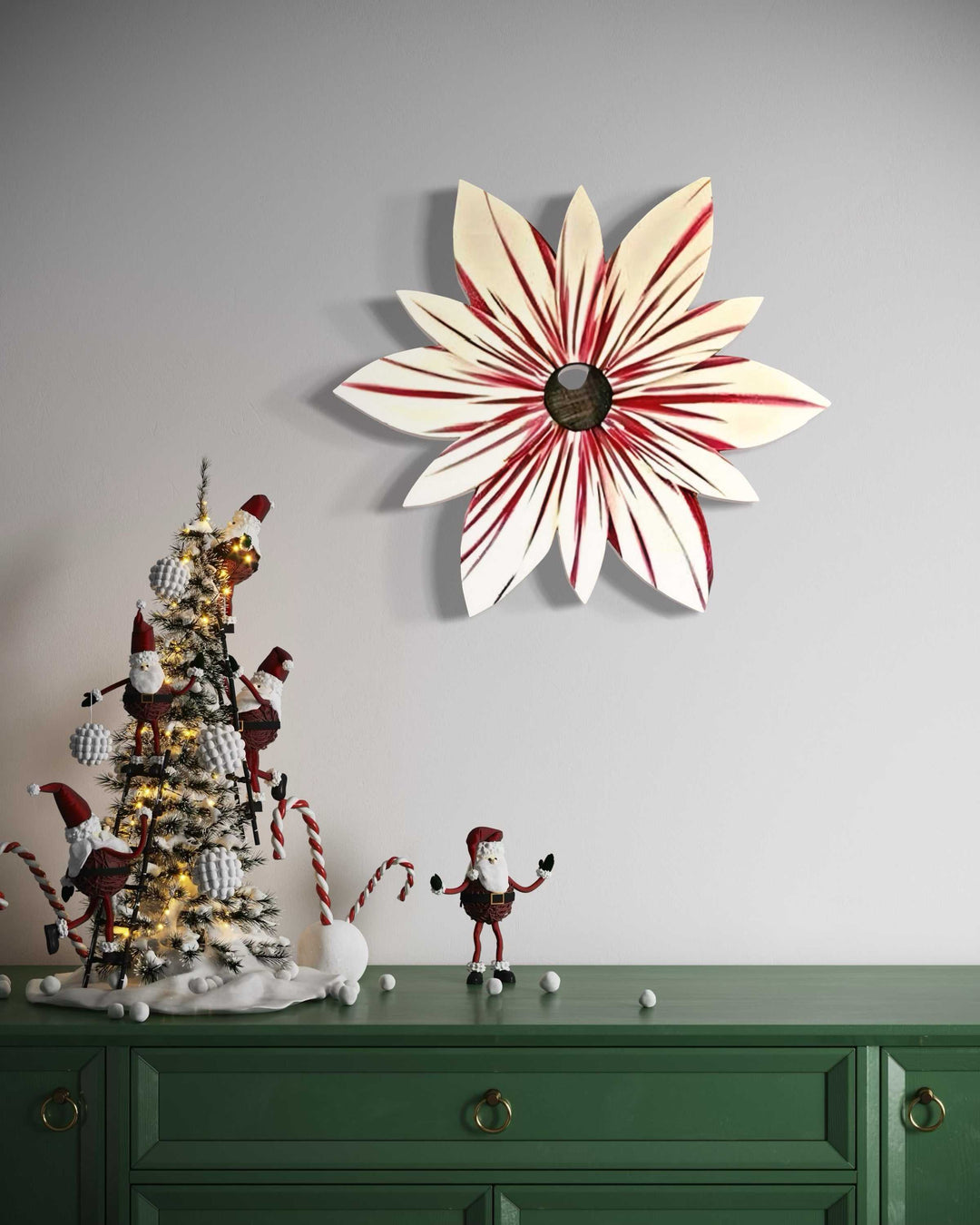 Candy stripe wood flower door decoration with candy cane colors, hand-painted petals, and 22-inch size, perfect for indoor or outdoor use.