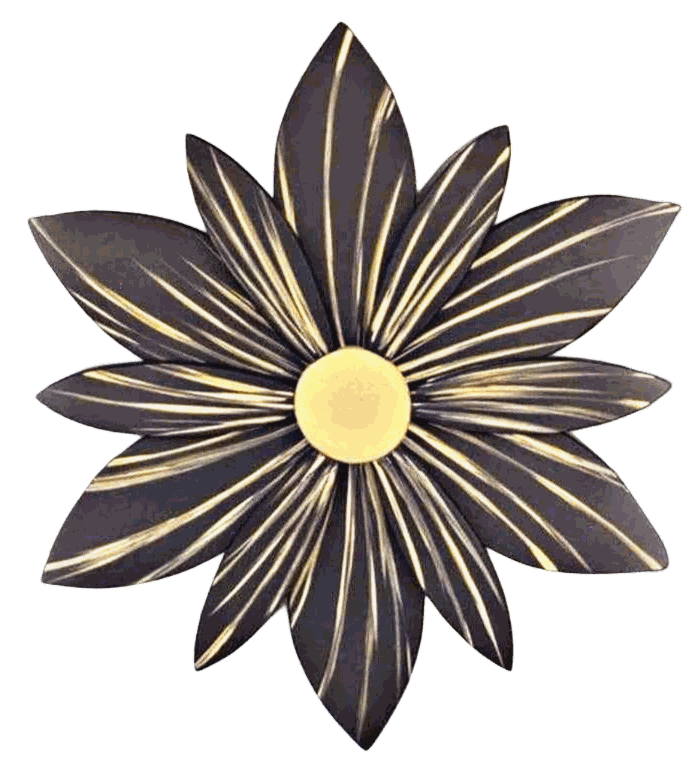 Handcrafted wooden flower door decoration with black and gold accents.