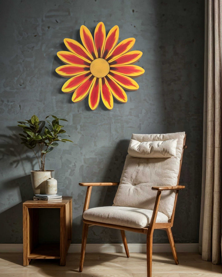 Handcrafted African Daisy Wooden Flower Art displayed on wall in living room.