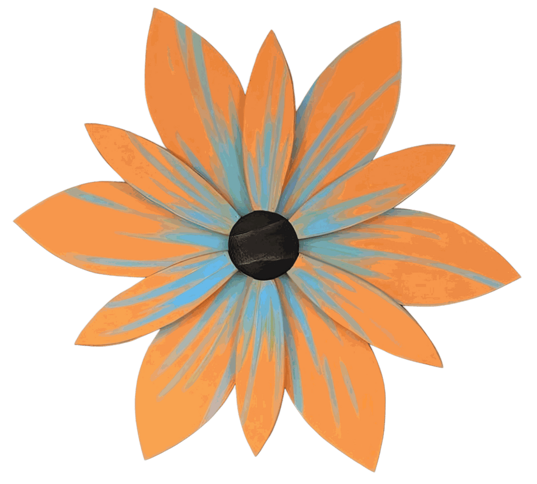 Handcrafted Nova Scotia wood flower art in bright orange and blue petals with a black center, suitable for indoor and outdoor decoration.