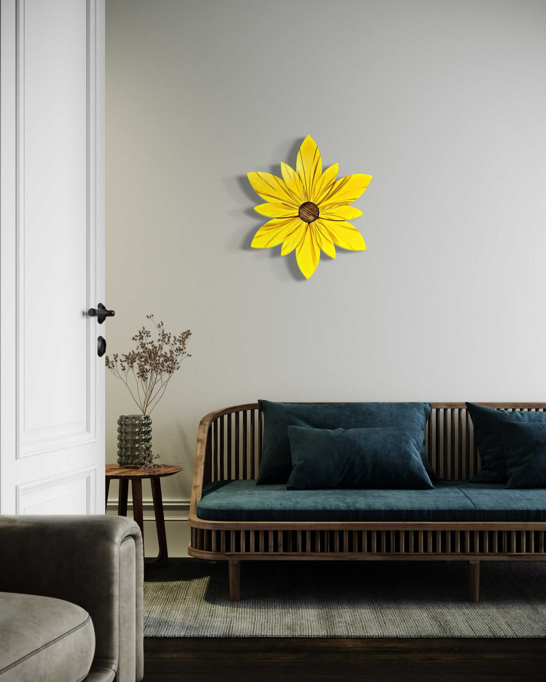 Handcrafted sunflower door decoration on indoor wall, yellow petals with brown center, versatile for home or garden.