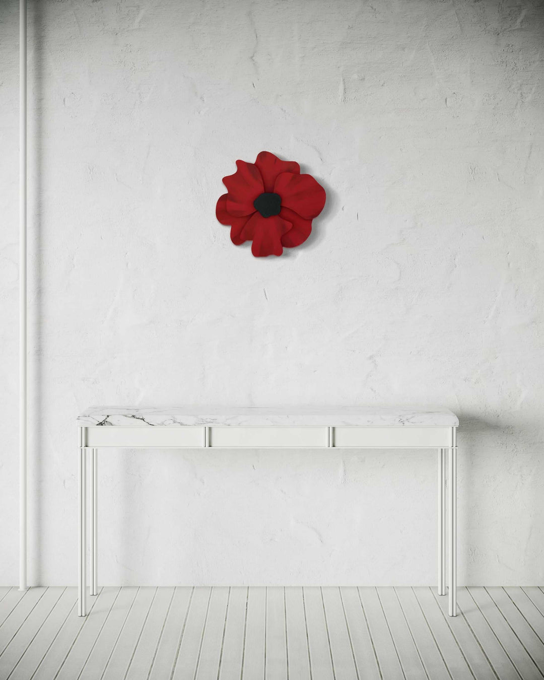 Handcrafted wooden flower door decor anemone design, red with black center, wall-mounted.